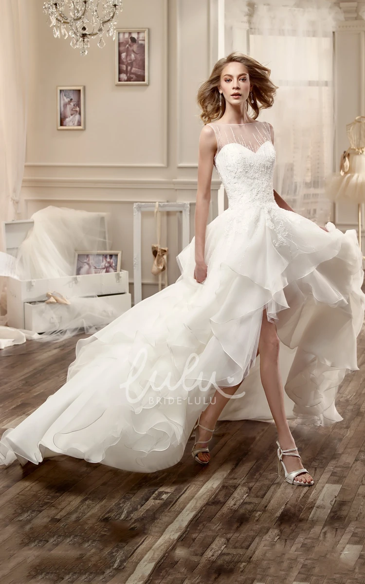 Jewel-Neck Cascading Ruffles Beaded Wedding Dress High-Low Style