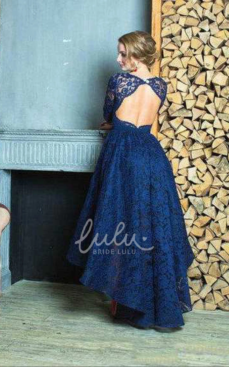 High Low Lace Dress with Keyhole Back 3-4 Sleeve Elegant Bridesmaid Dress