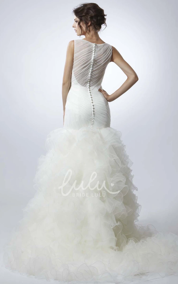 Sleeveless Ruffled Tulle Wedding Dress with Illusion Back Trumpet Style