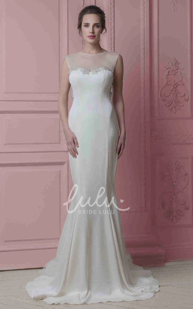 Beaded Sheath Jewel-Neck Wedding Dress with Flower and Ribbon Floor-Length Bridal Gown