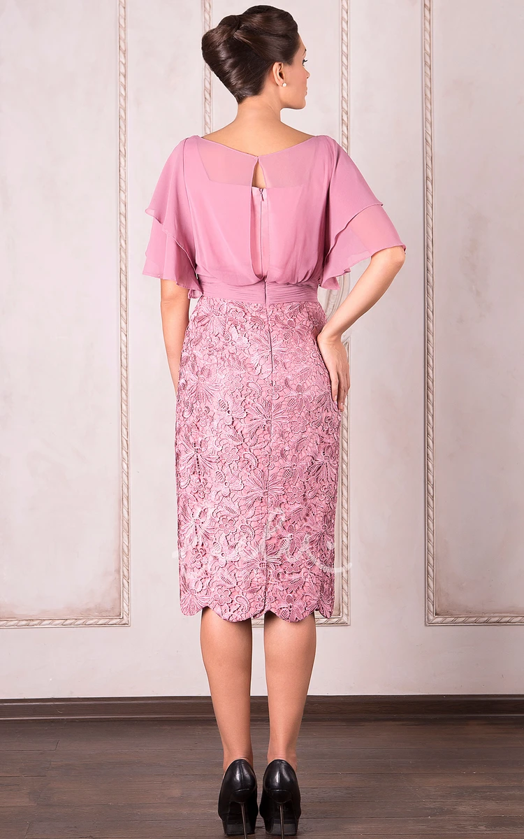 Poet Sleeve Chiffon Knee-Length Mother Of The Bride Dress with Applique