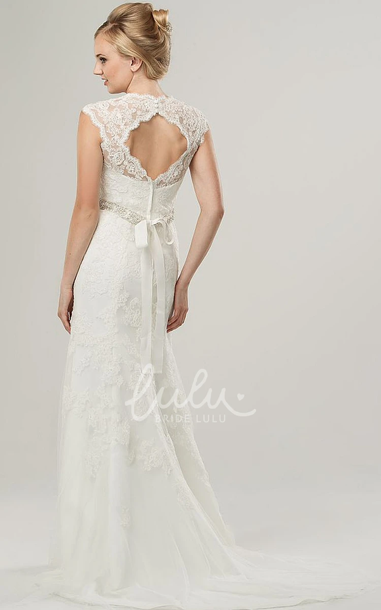 Lace&Tulle V-Neck Wedding Dress with Cap-Sleeves and Waist Jewelry