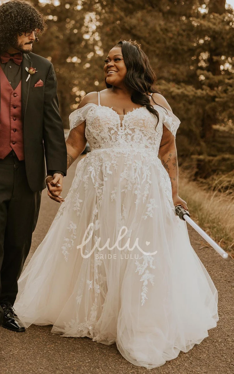 Elegant A-Line Plus Size Boho Lace Long Wedding Dress Floral Beach Off-the-shoulder Bridal Gown