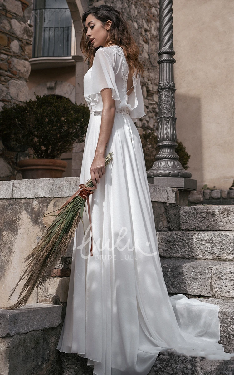 Romantic Jewel A Line Chiffon Wedding Dress with Sash Elegant Sweep Train Flowy