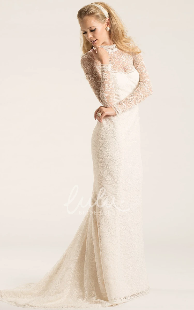 Long-Sleeve High Neck Lace Sheath Wedding Dress with Illusion Modern Wedding Dress for Women
