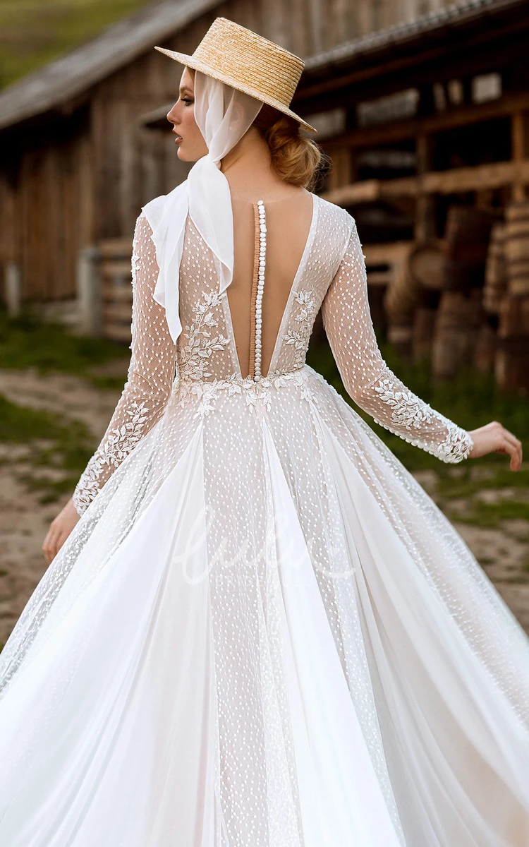 Romantic Lace A-Line Garden Wedding Dress with V-Neck and Button Back