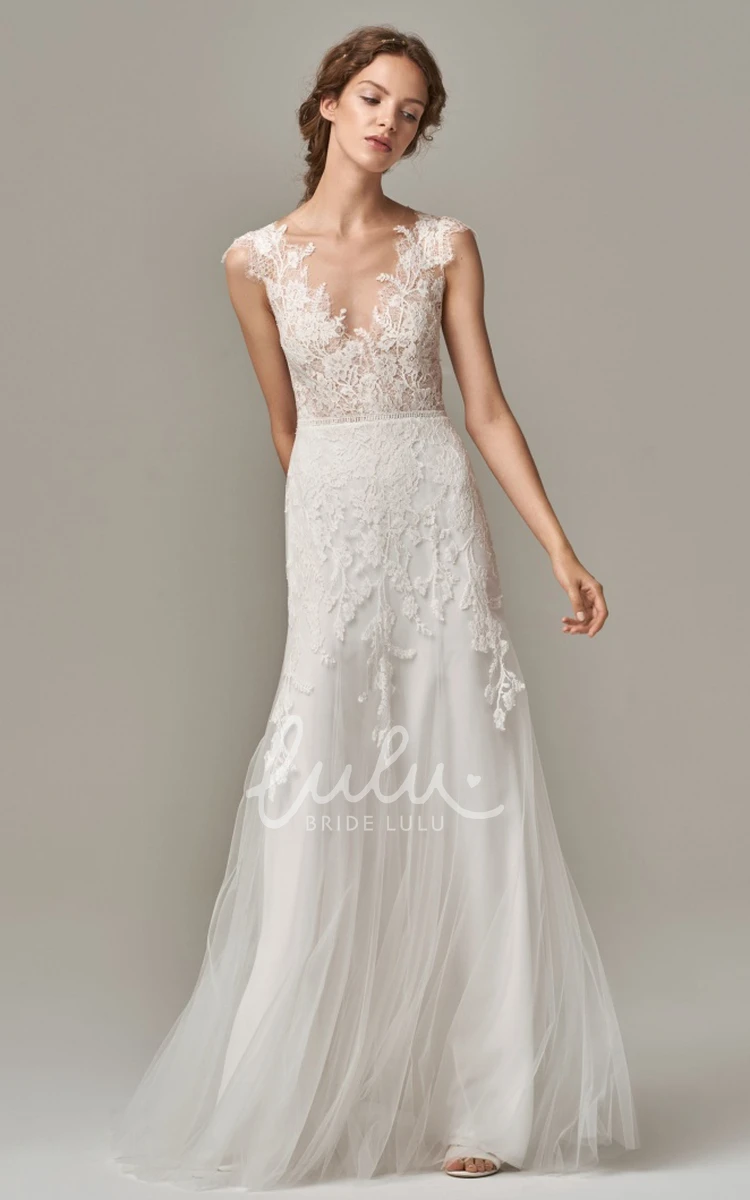 Elegant Sheath Lace Tulle Wedding Dress with V-neck and Deep-V Back Classy Wedding Dress