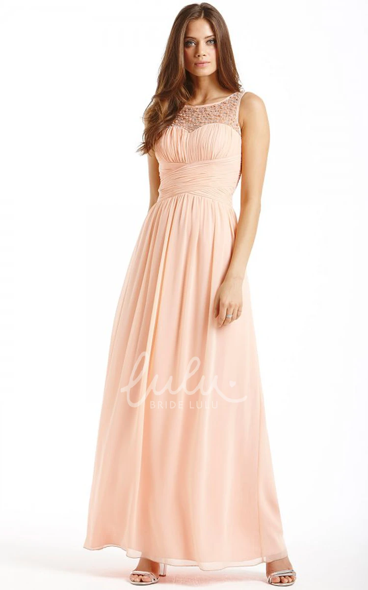 Sleeveless Ruched Chiffon Bridesmaid Dress with Bateau Neck Ankle-Length