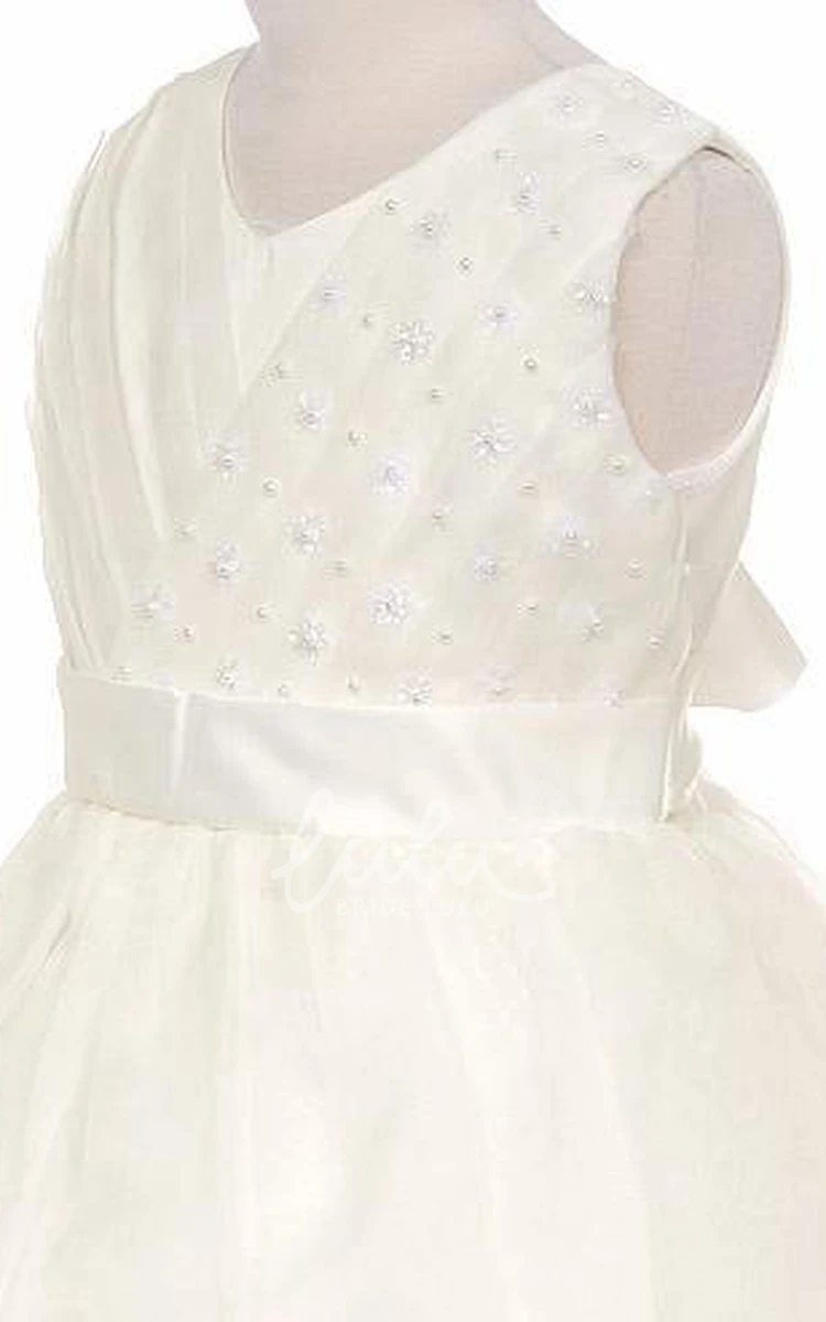 Pleated Tiered Tea-Length Organza & Satin Flower Girl Dress with Ribbon Elegant Bridesmaid Dress