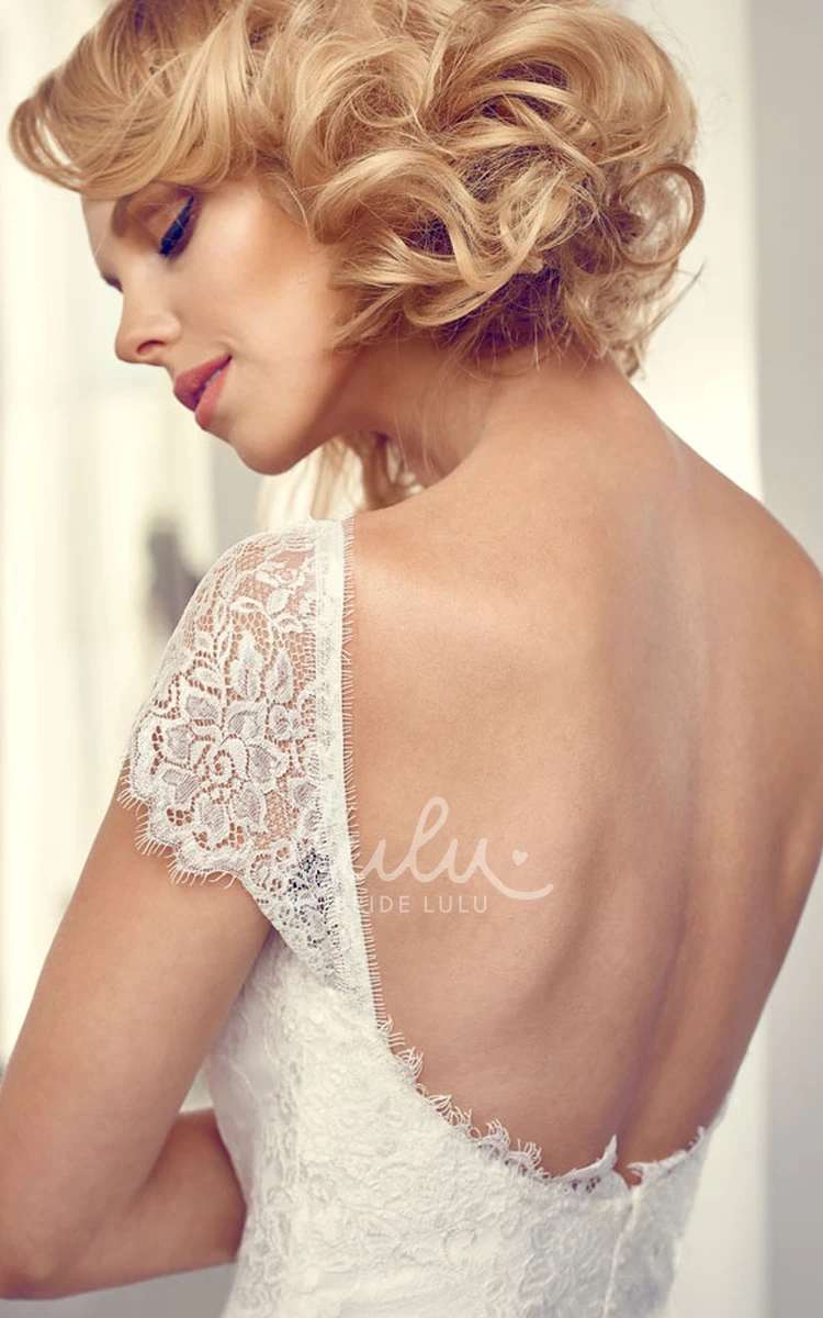 Lace Chiffon Wedding Dress with V-Back and Cap-Sleeves Long Square Style