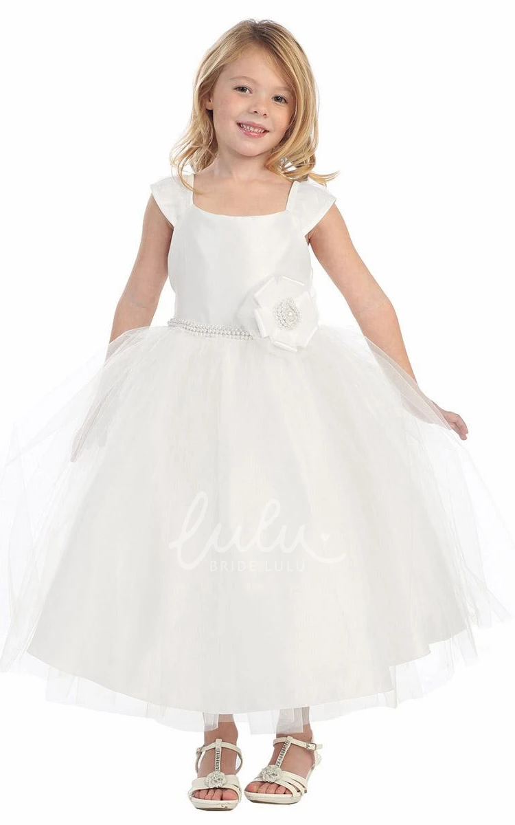 Cap-Sleeve Tiered Flower Girl Dress Tea-Length Tulle & Lace