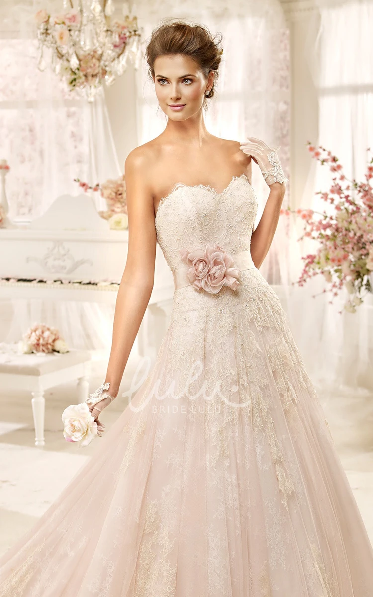Sweetheart A-line Lace Long Bridesmaid Dress with Flower Sash and Appliques Lace A-line Bridesmaid Dress with Flower Sash
