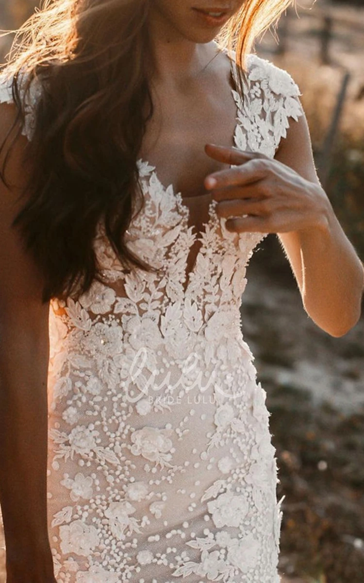 White Sexy Mermaid Beach Boho Wedding Dress Spaghetti Straps Plunging  V-neck Lace - BrideLuLu