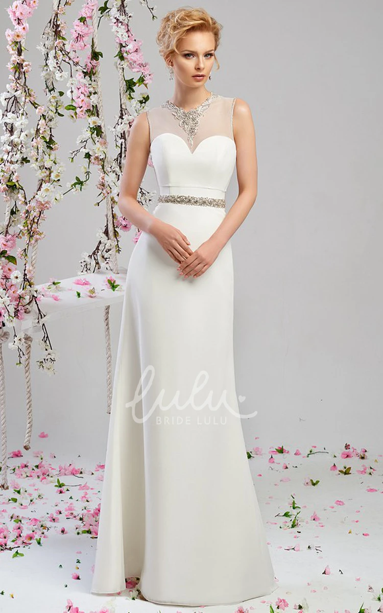 High Neck Jeweled Sleeveless Chiffon Wedding Dress with Illusion Sheath Floor-Length