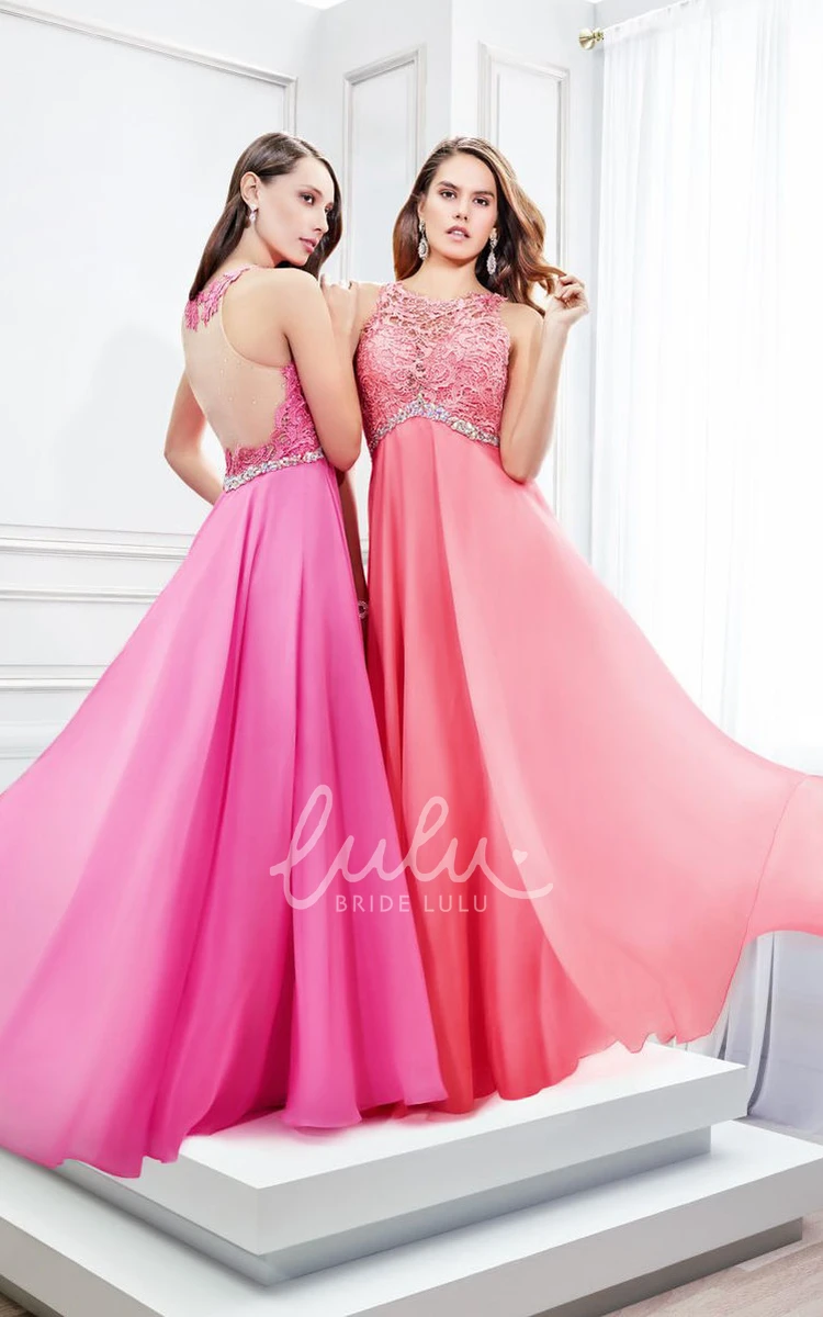 Satin Chiffon Floor-Length Prom Dress with Applique and Scoop Neck