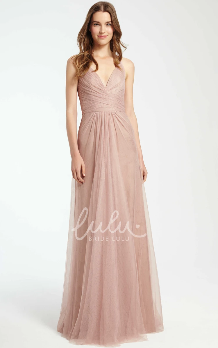 Maxi Tulle Bridesmaid Dress with Criss-Cross V-Neck and Flowy Skirt Classy Dress