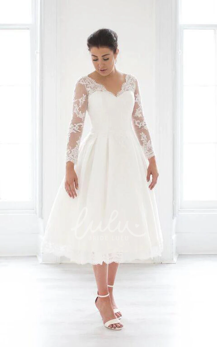 Keyhole Back Tea-Length Wedding Dress with Illusion Sleeves