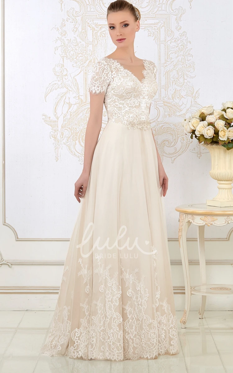 Timeless Short-Sleeve Lace Wedding Dress with V-Neck Floor-Length Silhouette