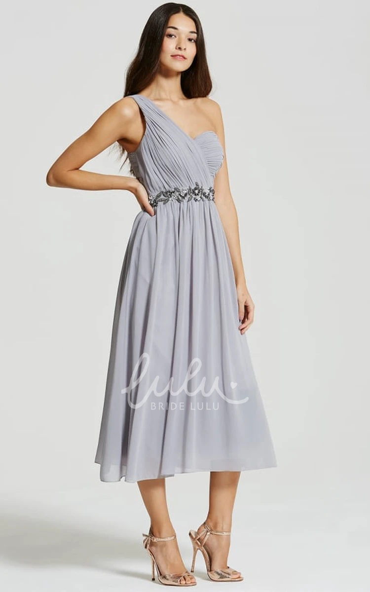 Ruched One-Shoulder Chiffon Bridesmaid Dress Tea-Length