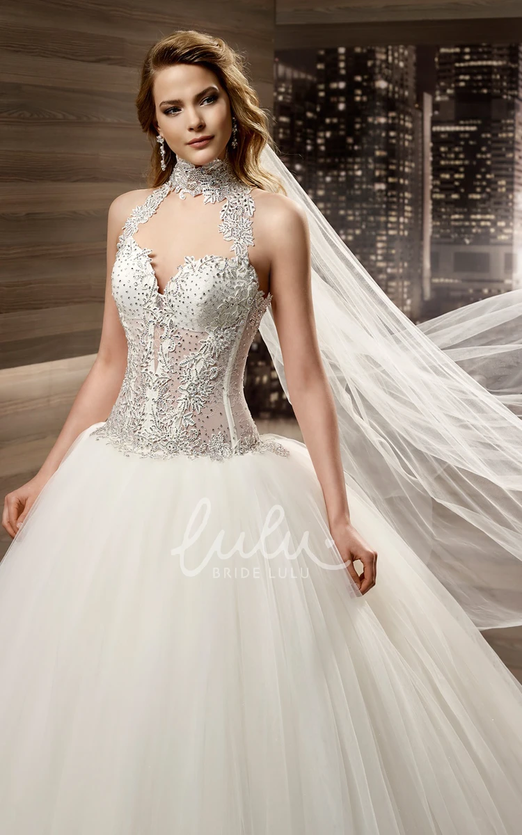 Beaded High-Neck A-Line Wedding Dress with Pleated Skirt