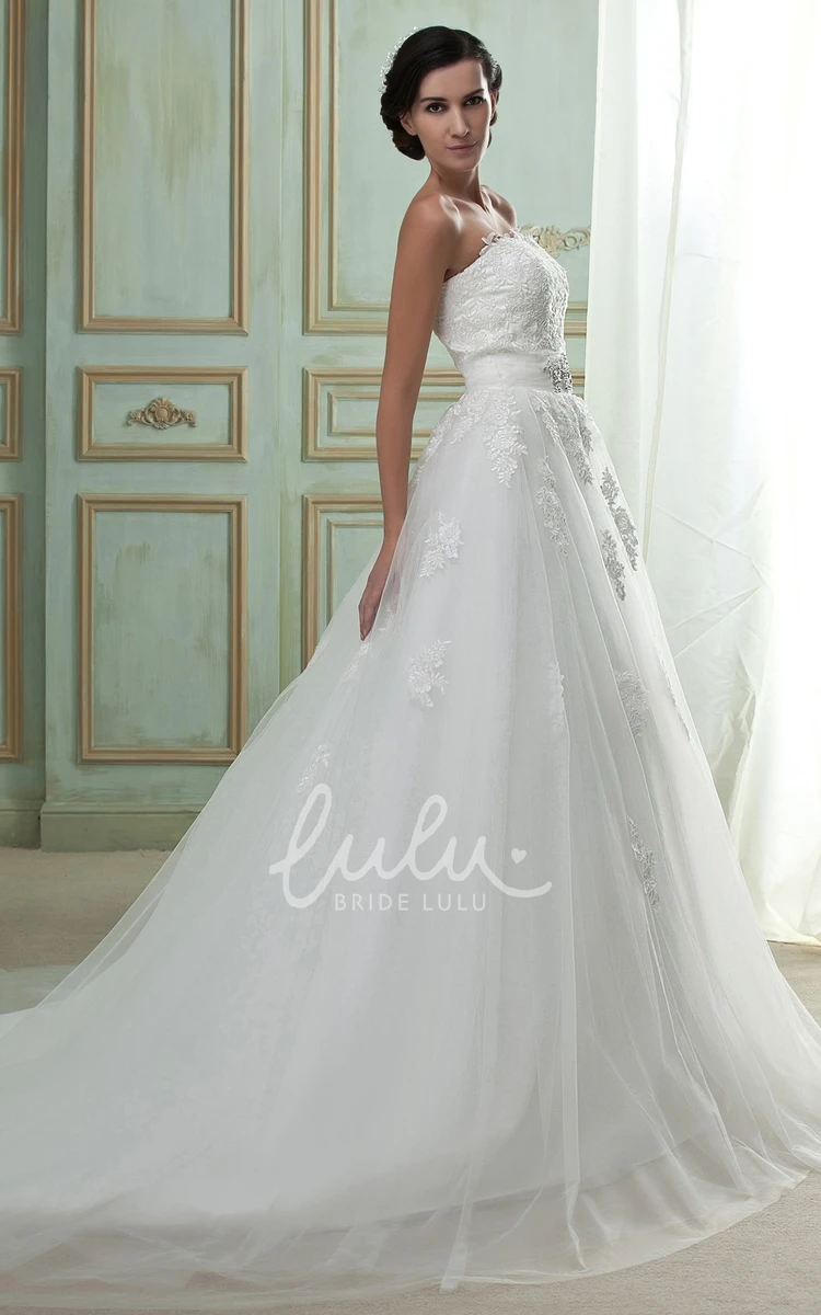 A-Line Lace Wedding Gown with Bolero and Tulle Overlay Strapless Bridal Dress