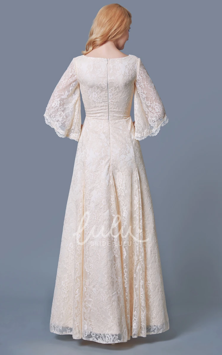 Long Lace Bridesmaid Dress with Bell Sleeves Vintage V Neck