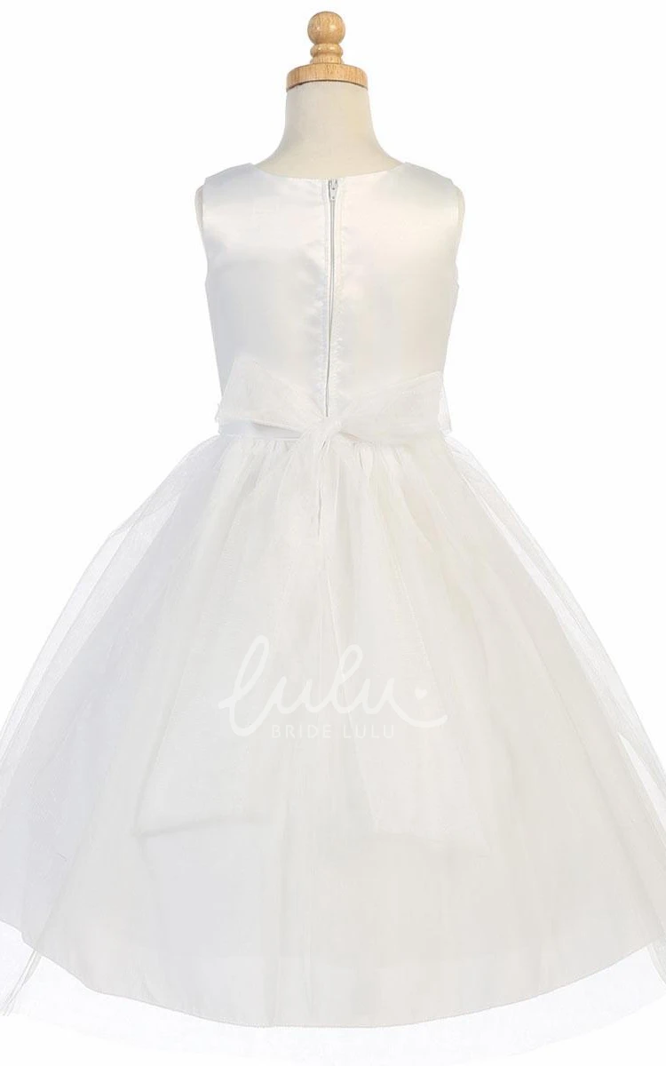 Tiered Organza Tulle Flower Girl Dress Tea-Length with Bow