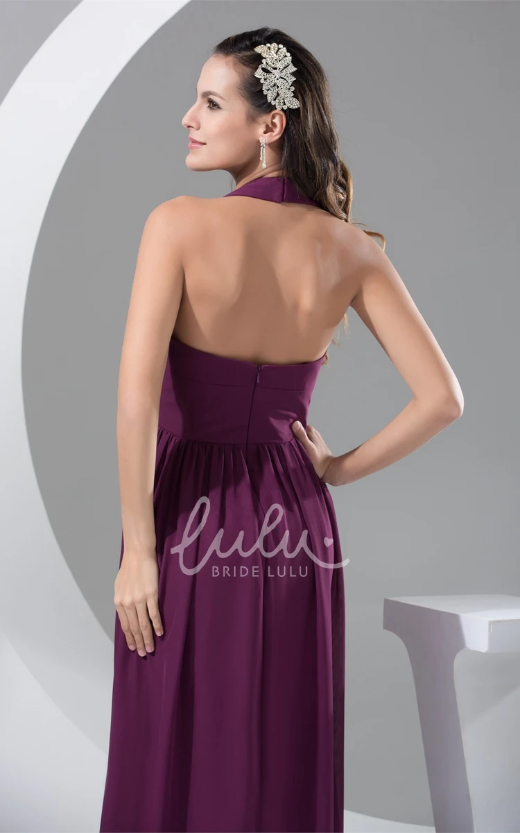 Halter Maxi Formal Dress with Pleats and Backless Design Flowy A-Line Dress