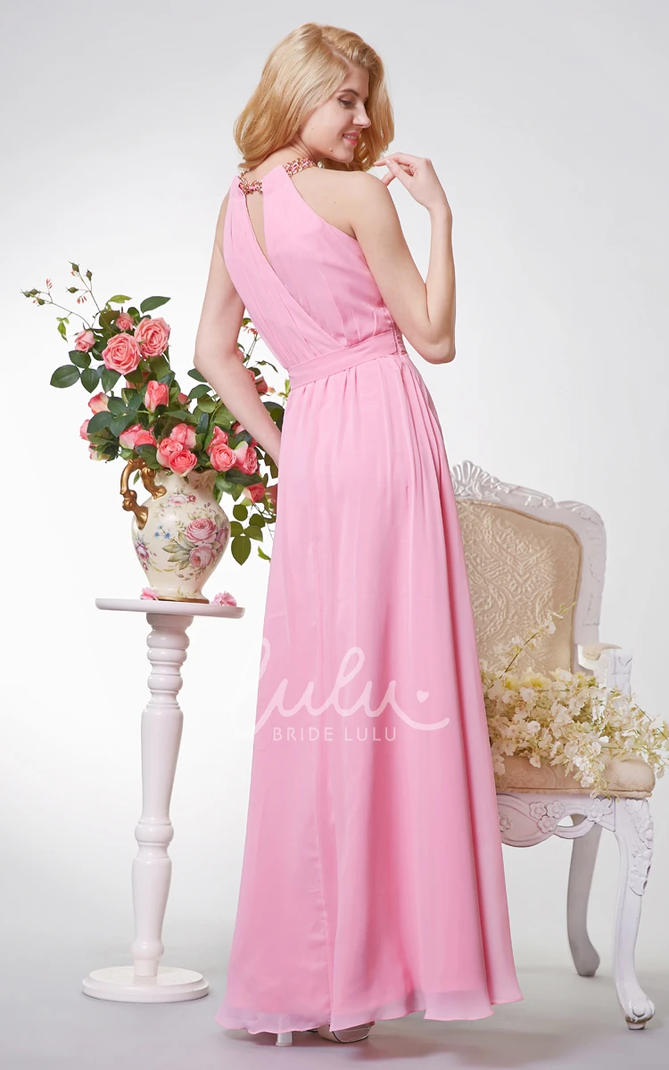 Long Chiffon Prom Dress with Halter Neckline and Keyhole Back