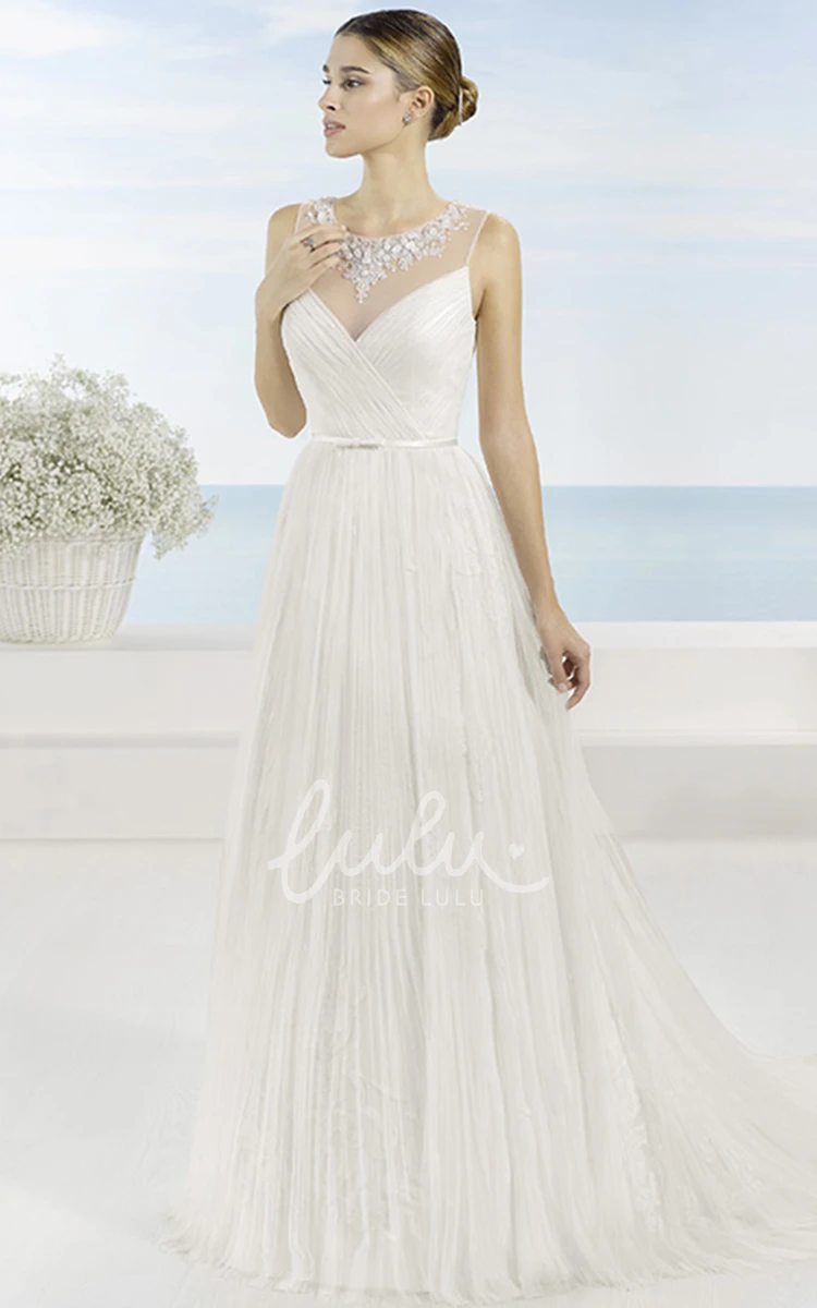 Beaded Scoop Tulle Wedding Dress with Pleats and Illusion Back A-Line Wedding Dress