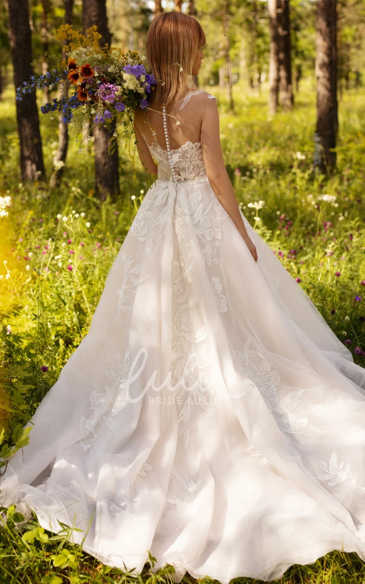 Illusion Back Sleeveless Tulle Wedding Dress with Bateau Neckline Sexy Bridal Gown