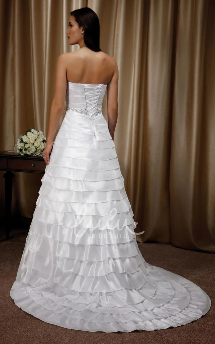 Tiered Satin A-Line Strapless Wedding Dress with Waist Jewellery and Lace-Up Back