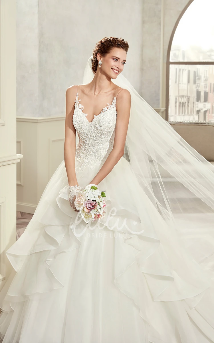 A-Line Wedding Dress with Sweetheart Neckline Spaghetti Straps Ruffles and Lace Bodice Romantic Bridal Gown