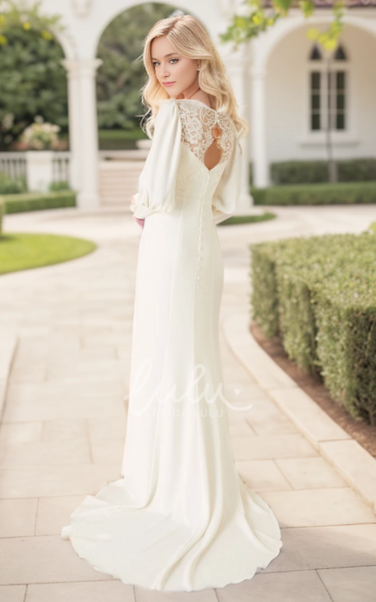 Sheath Garden Long Sleeve V-neck Sweep Train with Lace Keyhole Back Bridal Gown