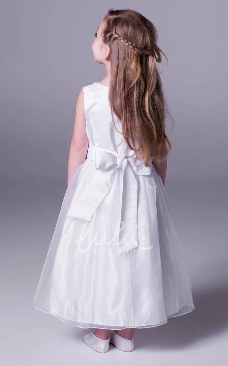 Floral Satin A-Line Tea-Length Flower Girl Dress with Bow Elegant Wedding Dress