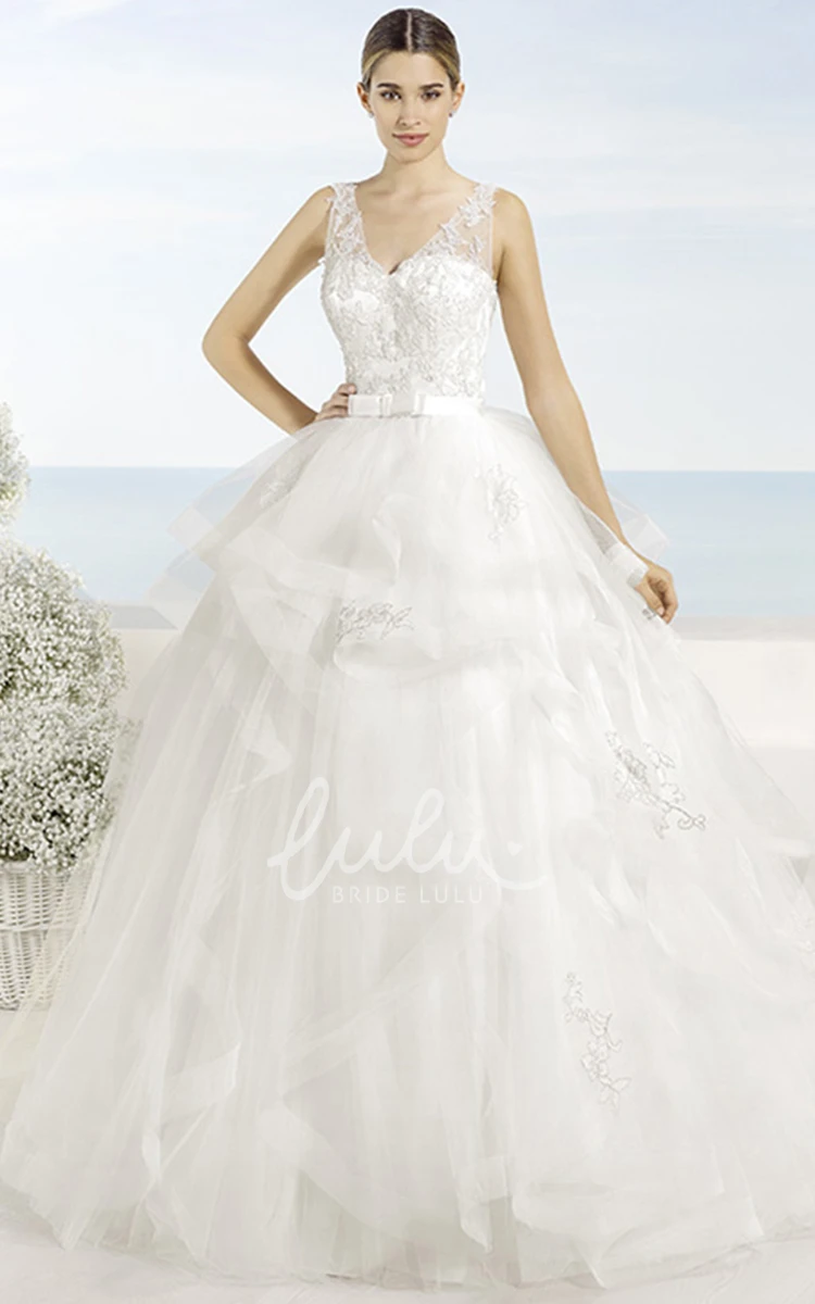 Cascading Ruffles V-Neck Tulle Wedding Dress Ball Gown Maxi Sleeveless