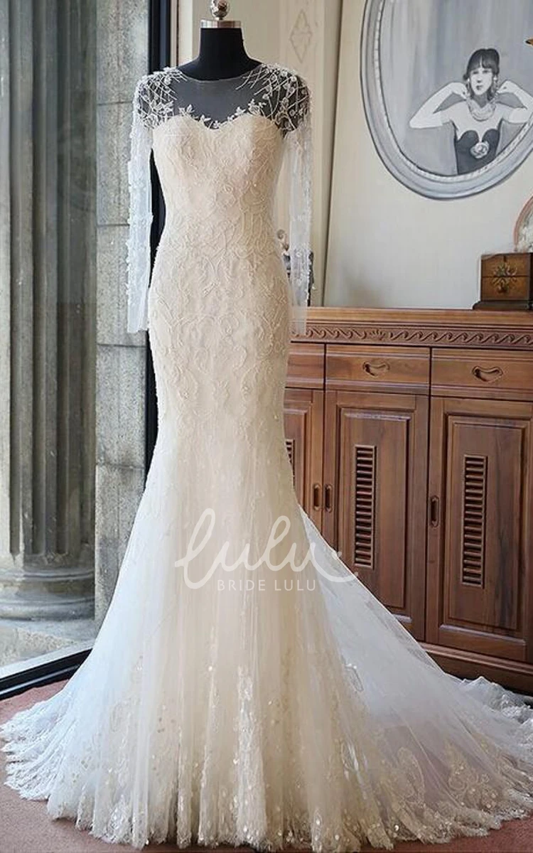 Beaded Long Sleeve Mermaid Wedding Dress with Illusion Scoop Neckline