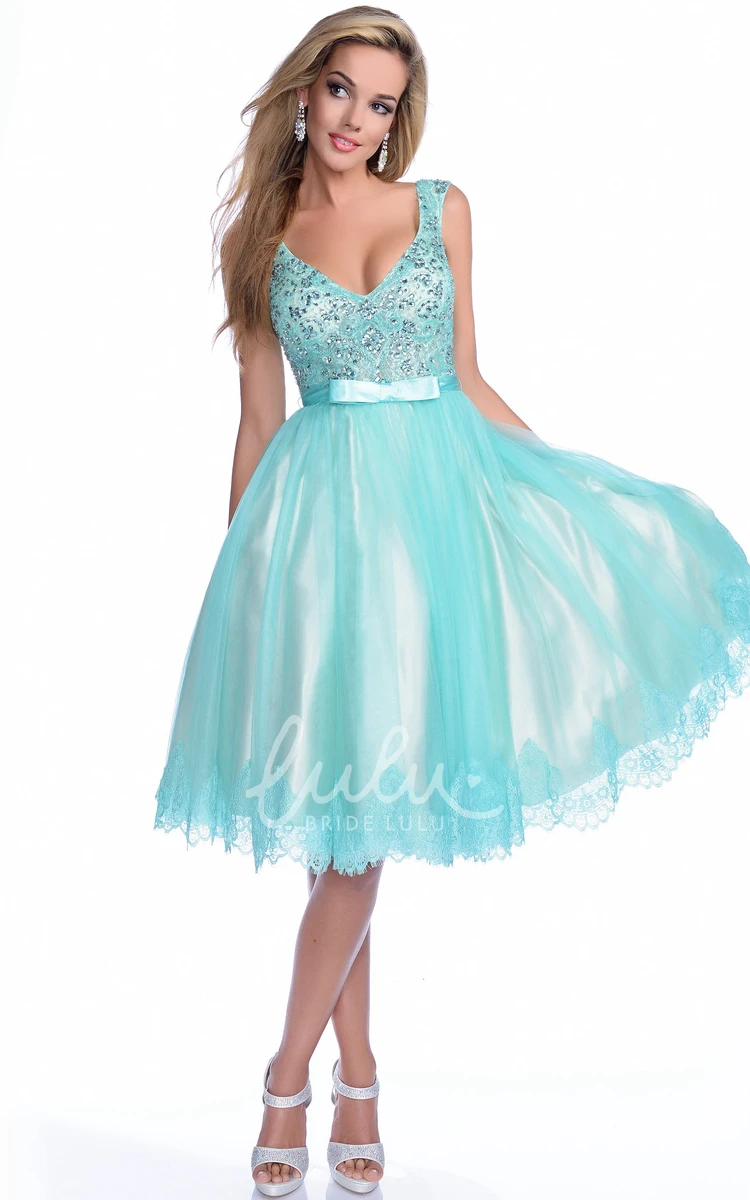 V-Neck Sleeveless A-Line Prom Dress with Jeweled Bodice and Lace Trim
