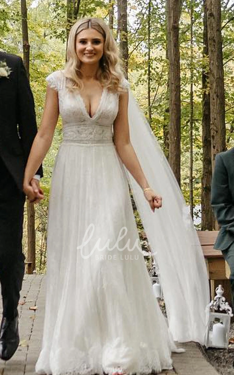 Sexy A-Line Lace Appliques Keyhole Back Bell Sleeves Country Wedding Dress with Sweep Train