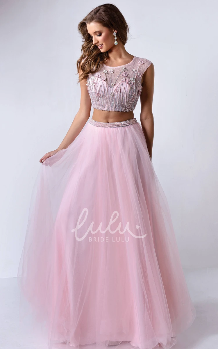 Lace and Beading A-Line Tulle Formal Dress with Scoop-Neck and Illusion Design