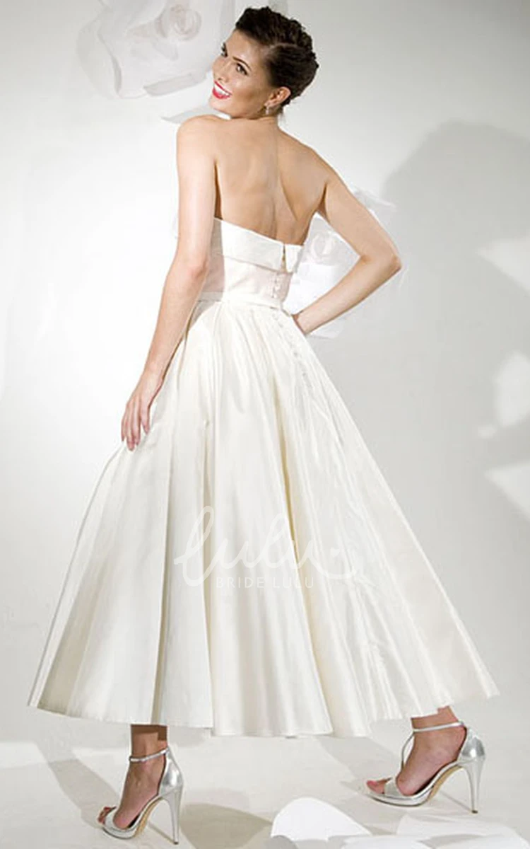 Satin Tea-Length A-Line Wedding Dress with Strapless Style and V Back