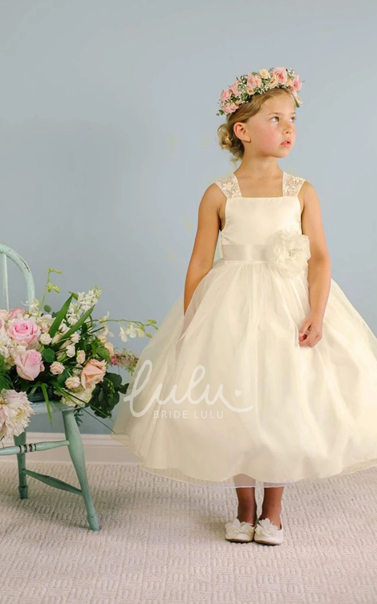 Bowed Floral Tea-Length Flower Girl Dress with Sash Lace & Organza