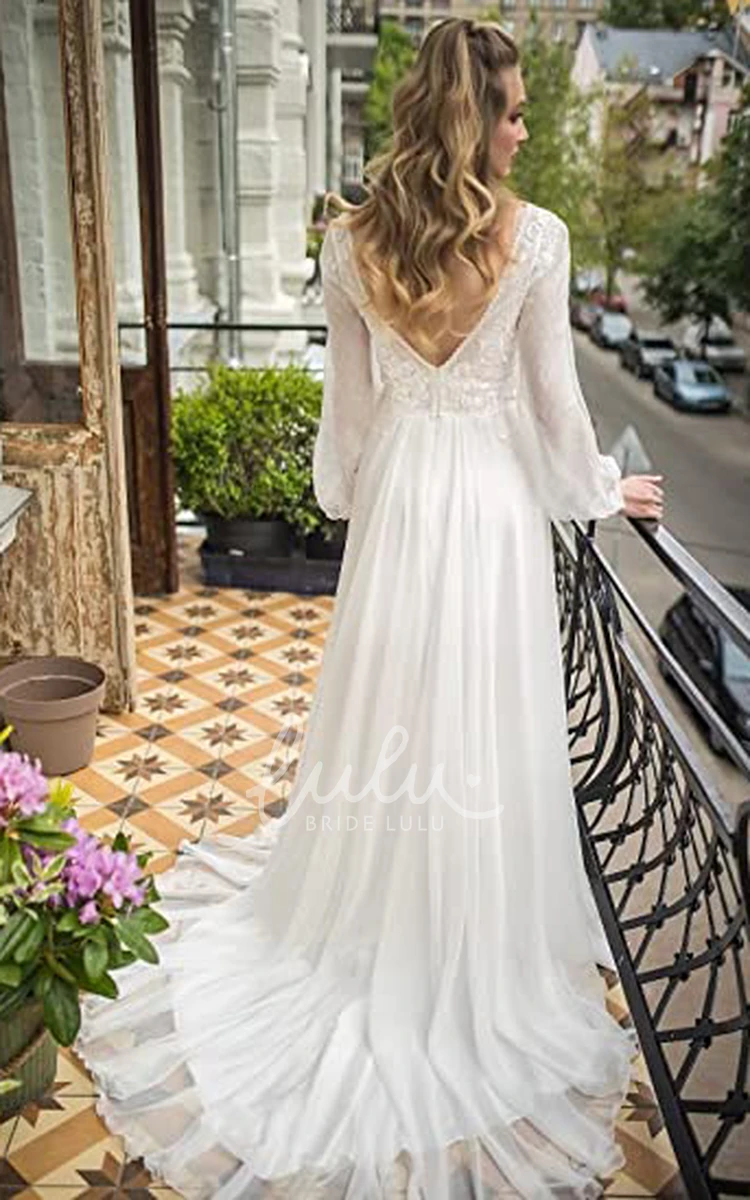 Sexy Chiffon A-Line Wedding Dress with Poet Sleeves and Bateau Neckline Casual Romantic