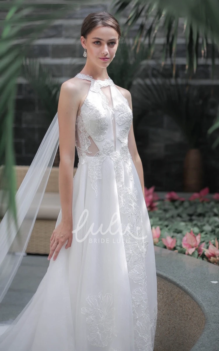 Simple Tulle A-Line Wedding Dress Halter Beach Appliques Bridal Gown Casual Chic