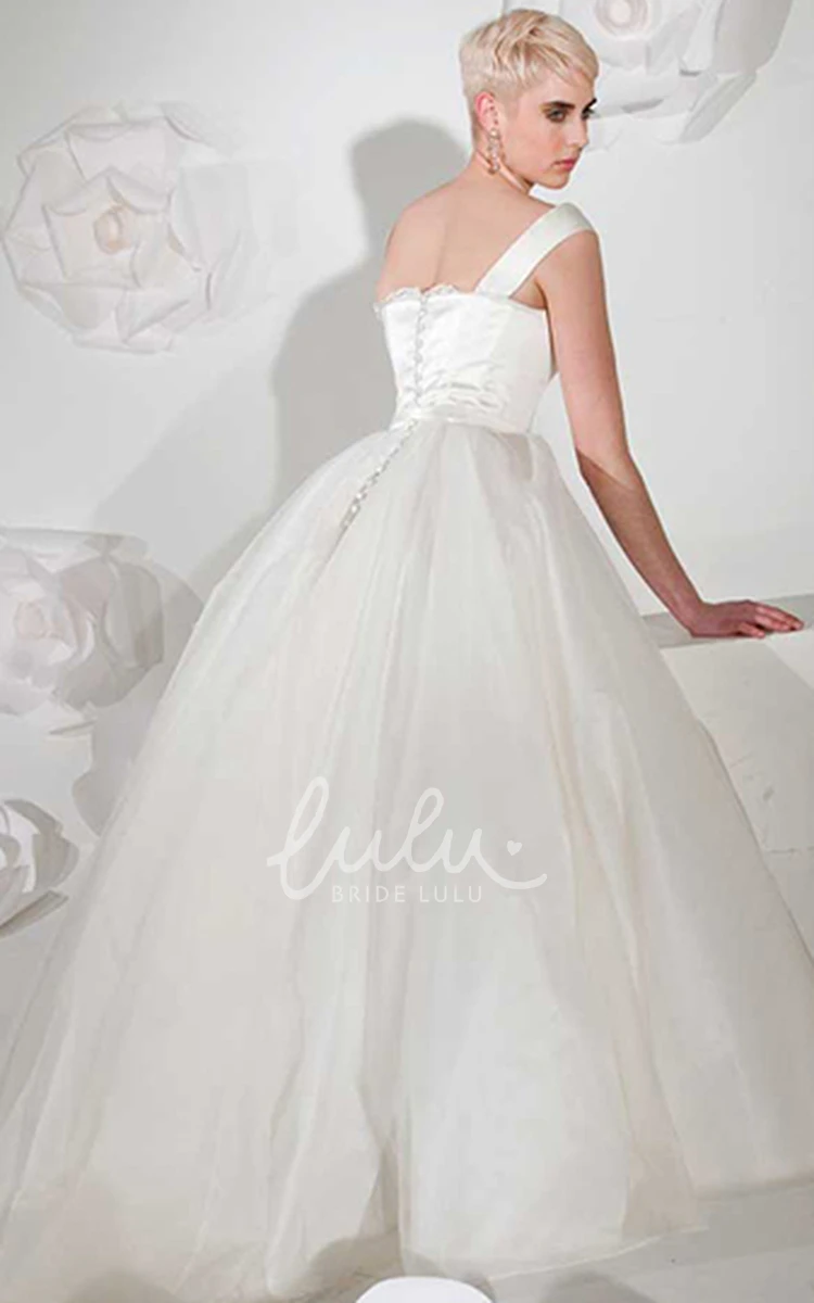 Tulle&Satin Sleeveless Wedding Dress One-Shoulder Ball-Gown with Long Train