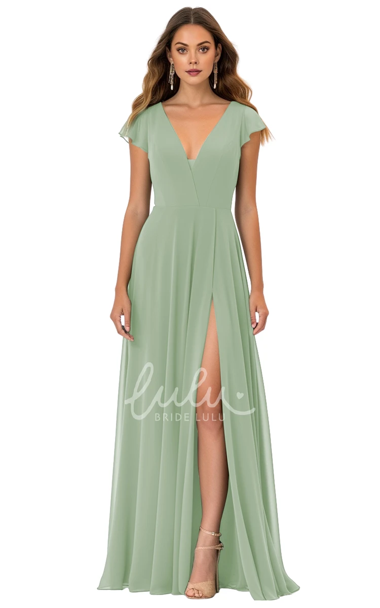 A-Line V-neck Chiffon Bridesmaid Dress with Split Front Modest and Classy