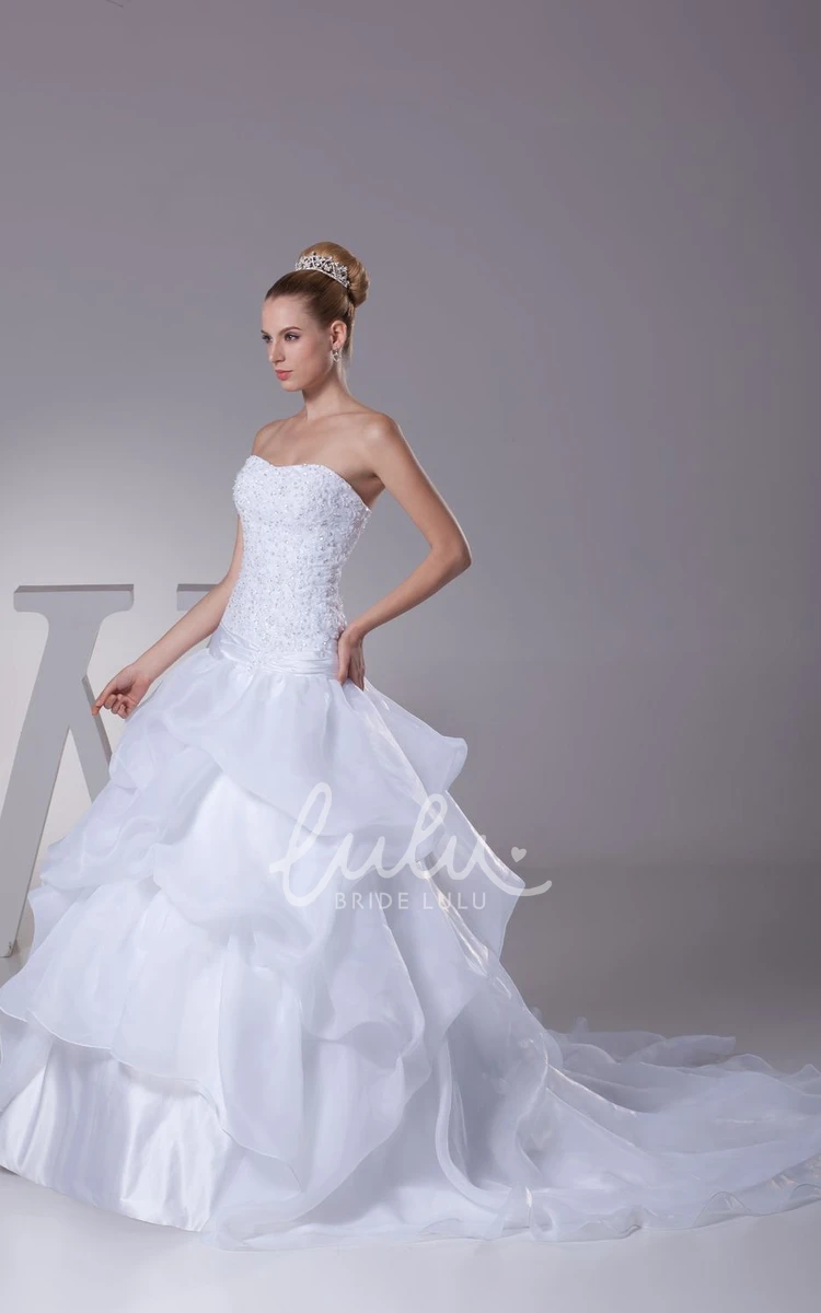 Appliqued A-Line Organza Wedding Dress With Pick-Up Design and Strapless Neckline