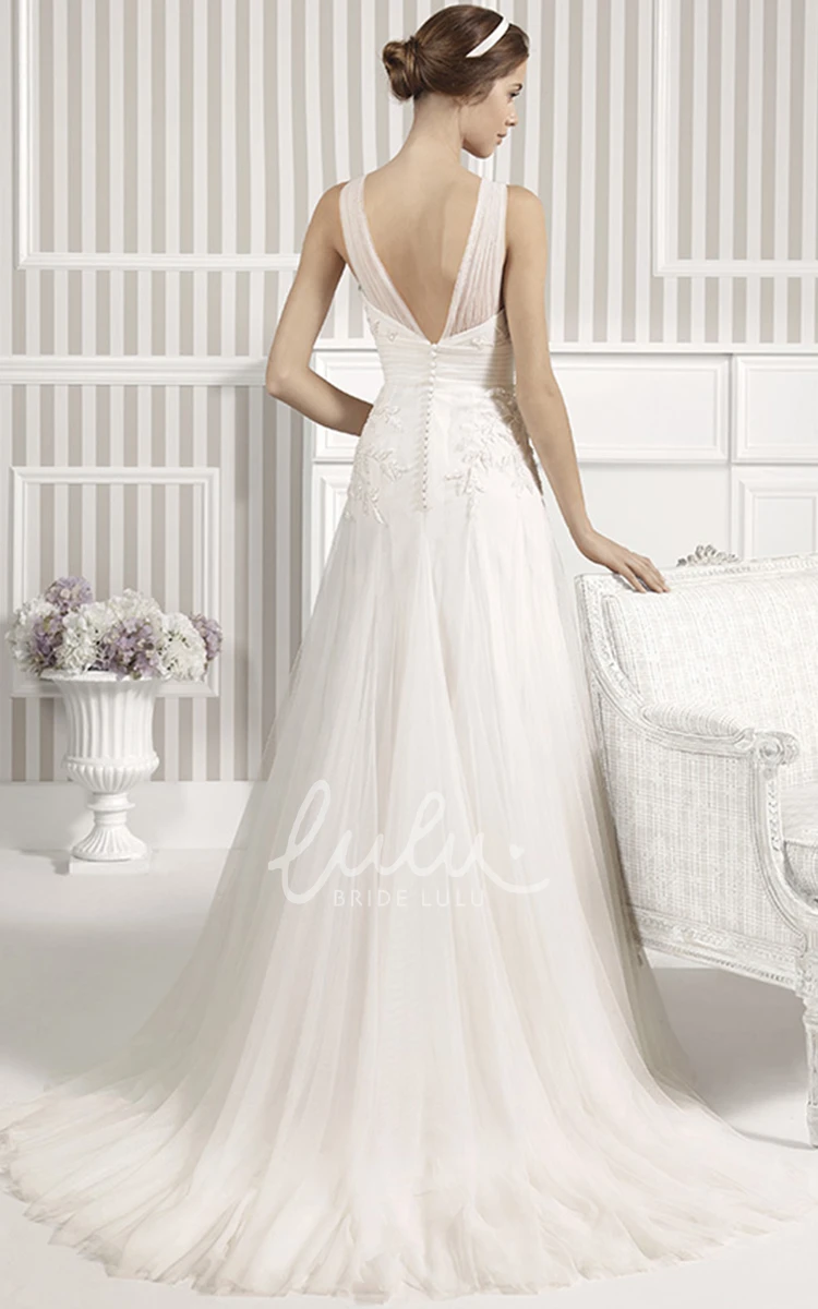 Beaded Tulle A-Line Wedding Dress with V-Neck and Low-V Back