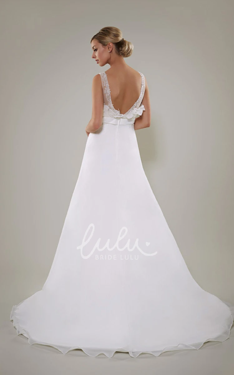 Long A-Line Satin Wedding Dress with V-Neck Beaded Bodice Ruffles and Deep-V Back