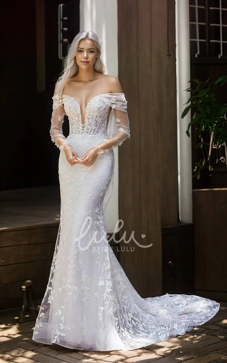 Romantic Sexy Tulle Lace Mermaid Off-the-shoulder Plunging Neckline Wedding Dress Floor-length Sleeveless Appliques Bridal Gown with Open Zipper Back Court Train